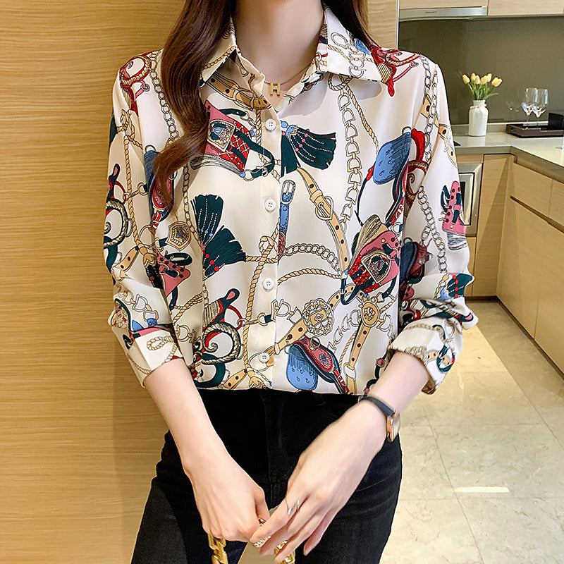 Cream Chain Motif Prints Vintage Style Satin Soft Silky Shirt