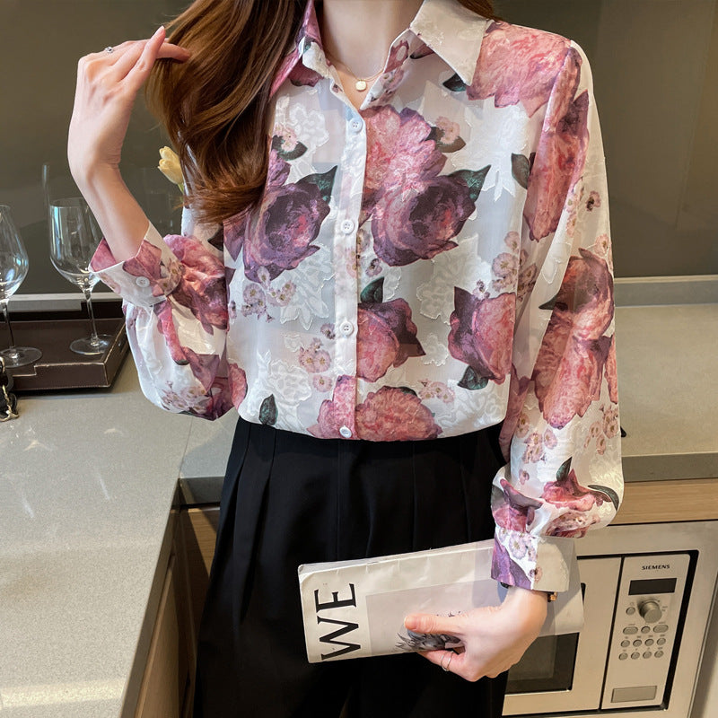 Pink Flowers Floral Print Vintage Style Satin Soft Silky Shirt