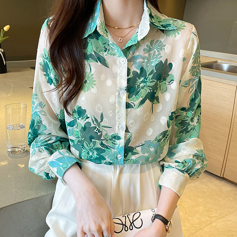 Green Floral Print Semi Transparent Vintage Style Satin Soft Silky Shirt