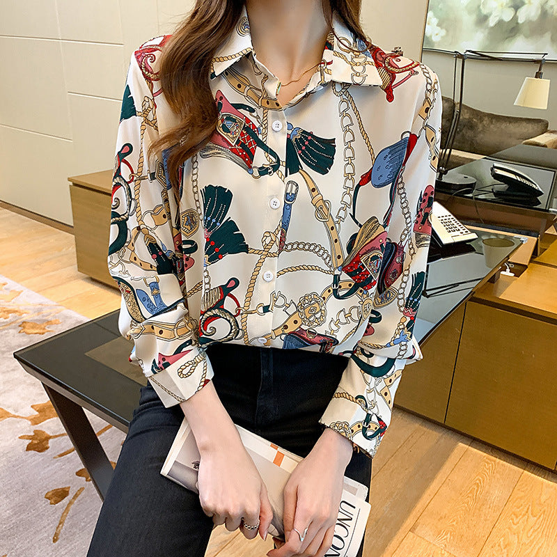 Cream Chain Motif Prints Vintage Style Satin Soft Silky Shirt