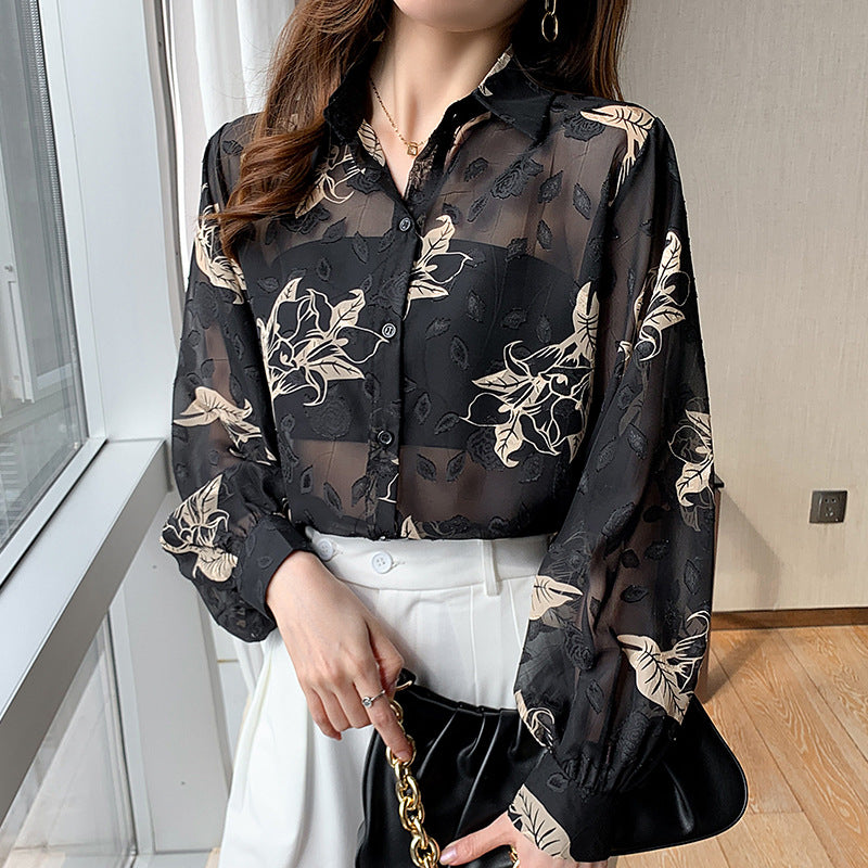 Floral Prints Gold Flowers Black Semi Transparent Vintage Style Satin Soft Silky Shirt