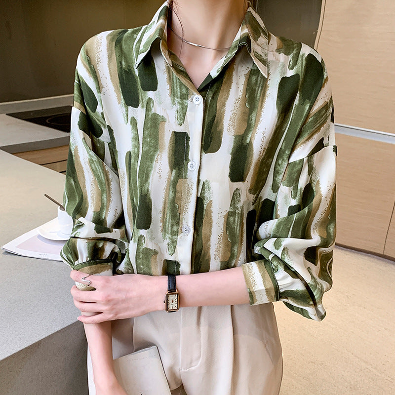 Green stripes Vintage Style Print Satin Shirt Soft Silky Shirt