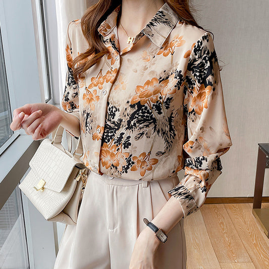 Floral Prints Flowers Vintage Style Satin Soft Silky Shirt