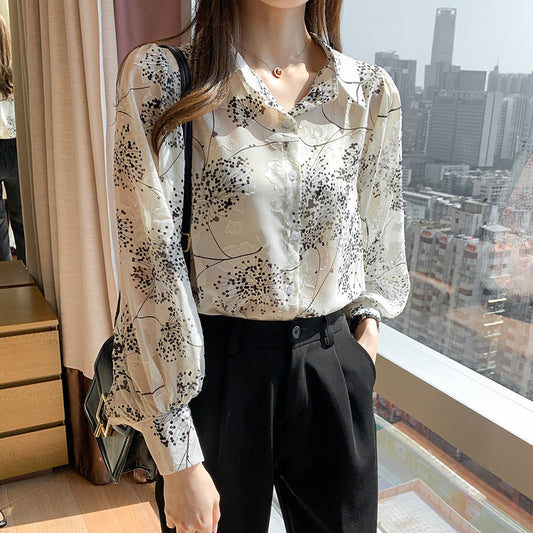 Cream Floral Print Flowers Vintage Style Semi Transparent Satin Soft Silky Shirt