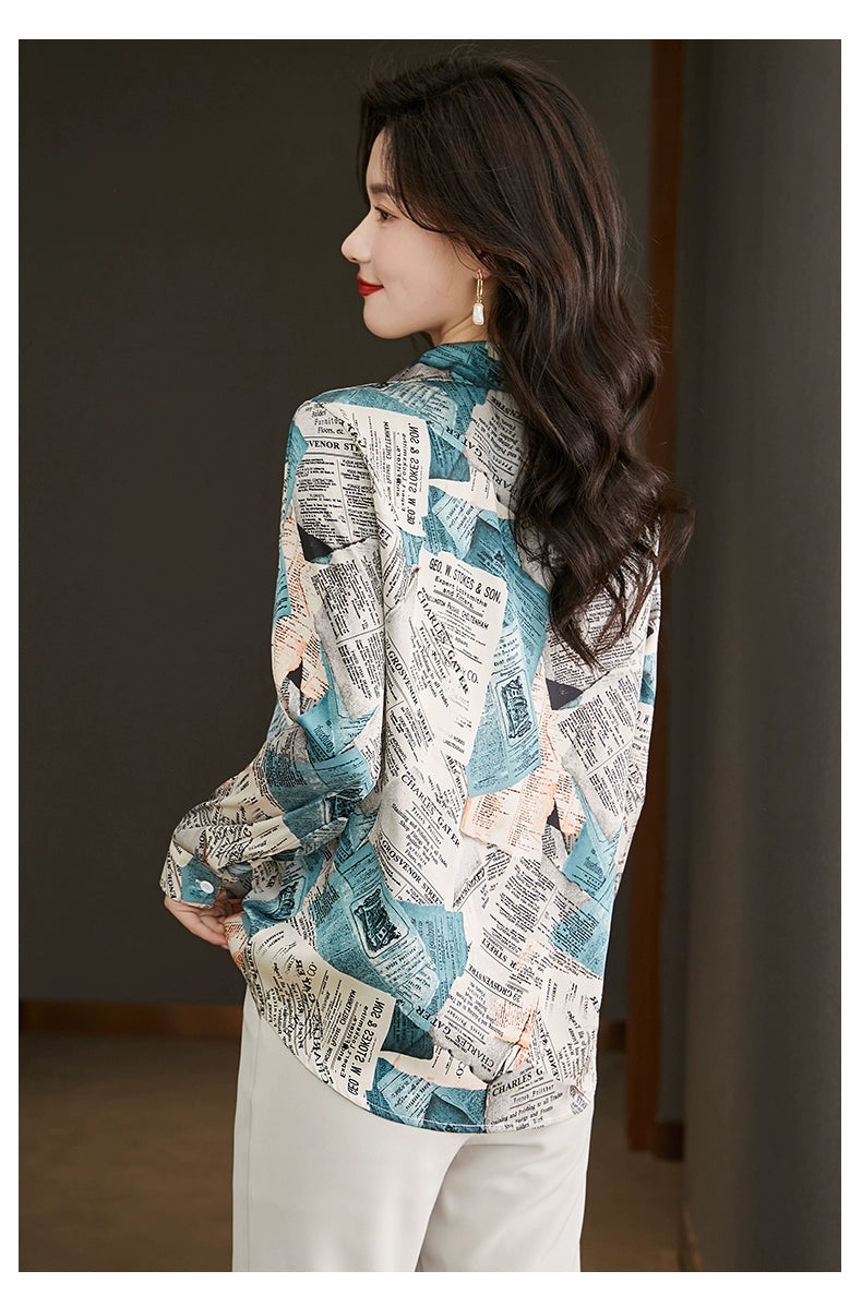 Silky Soft Newspaper print Chiffon Satin Shirt Soft Blouse