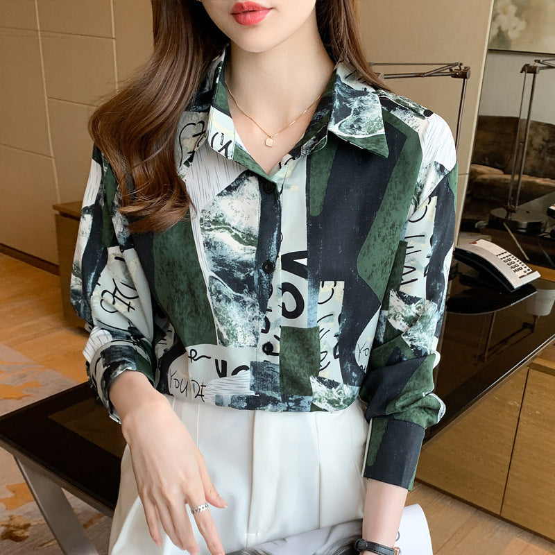 Geometric Letters Print Satin Shirt Soft Silky Blouse