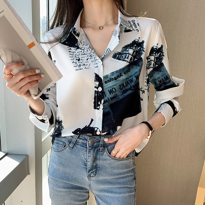 Blue Newspaper Vintage Style Print Satin Shirt Soft Silky Shirt