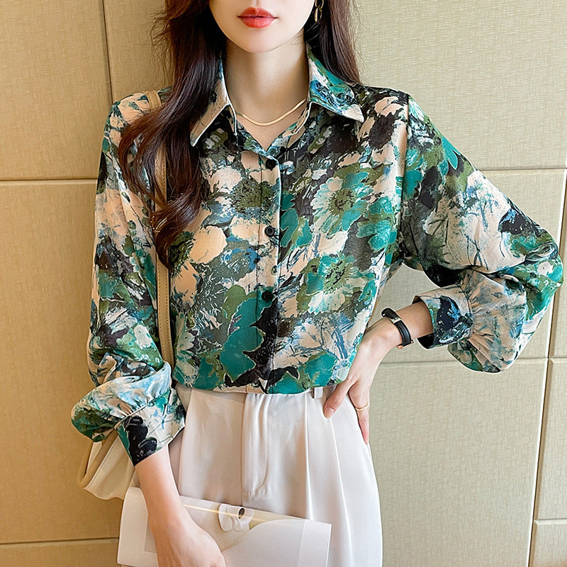 Green Turquoise Floral Print Flowers Vintage Style Satin Soft Silky Shirt