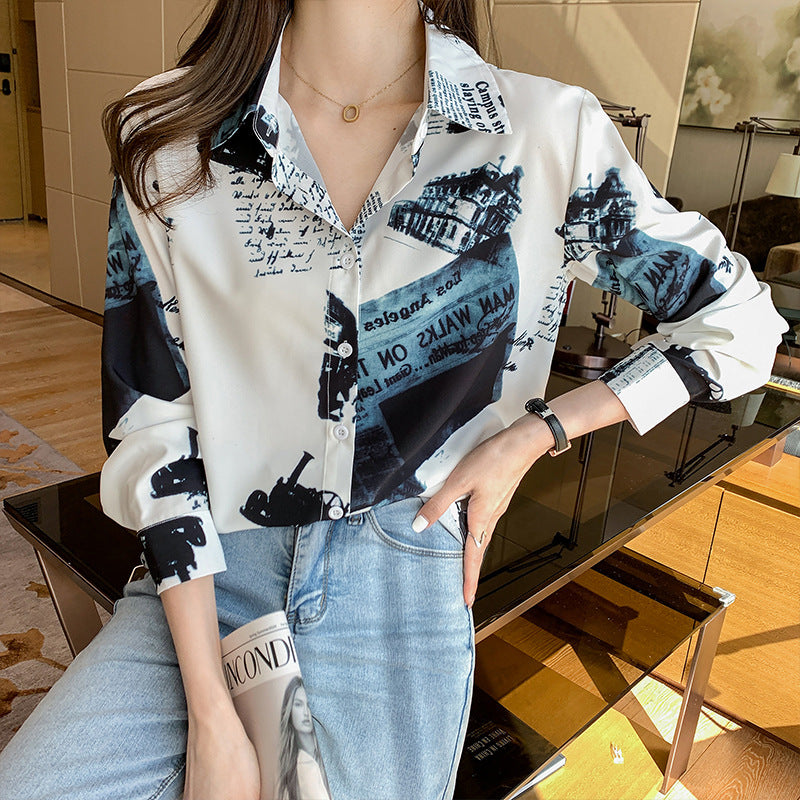 Blue Newspaper Vintage Style Print Satin Shirt Soft Silky Shirt