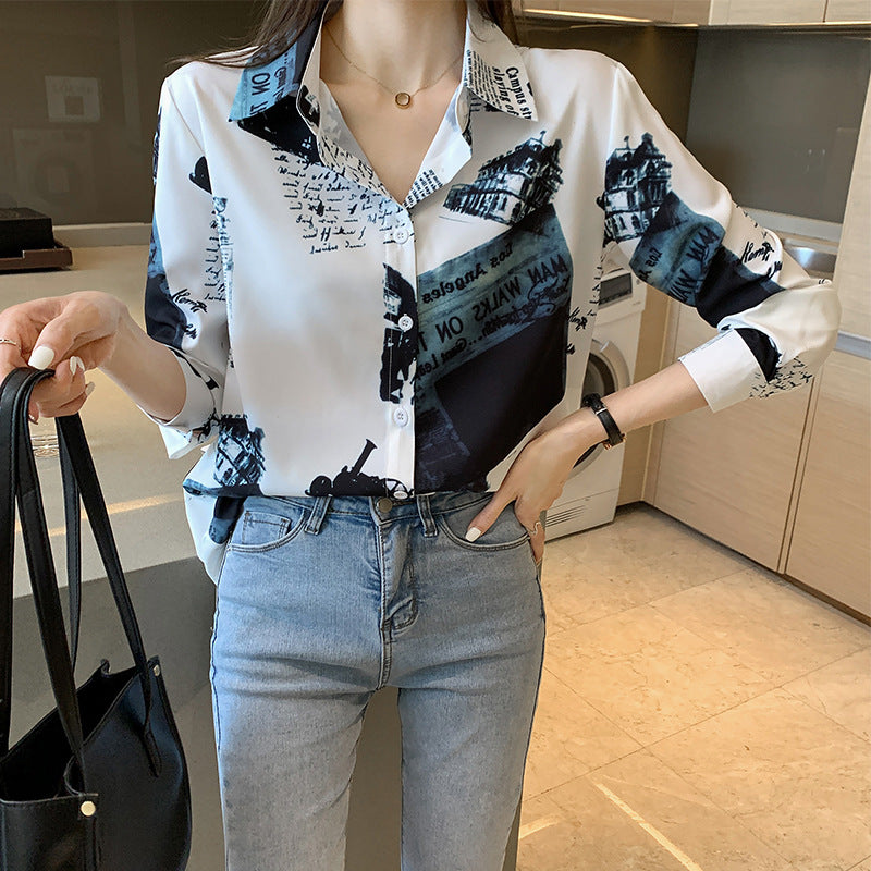 Blue Newspaper Vintage Style Print Satin Shirt Soft Silky Shirt