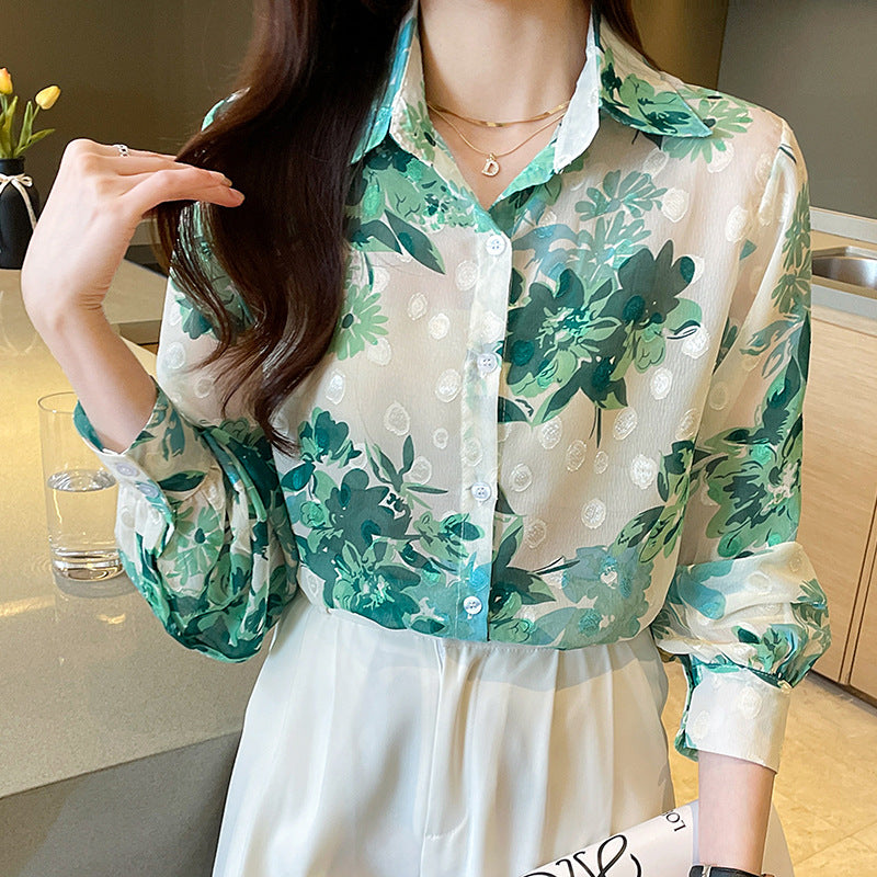 Green Floral Print Semi Transparent Vintage Style Satin Soft Silky Shirt