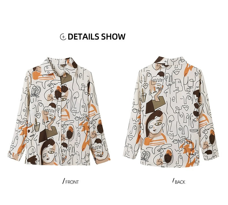 Silky Chiffon Abstract Faces Cartoon Print Satin Shirt Soft Silky Blouse