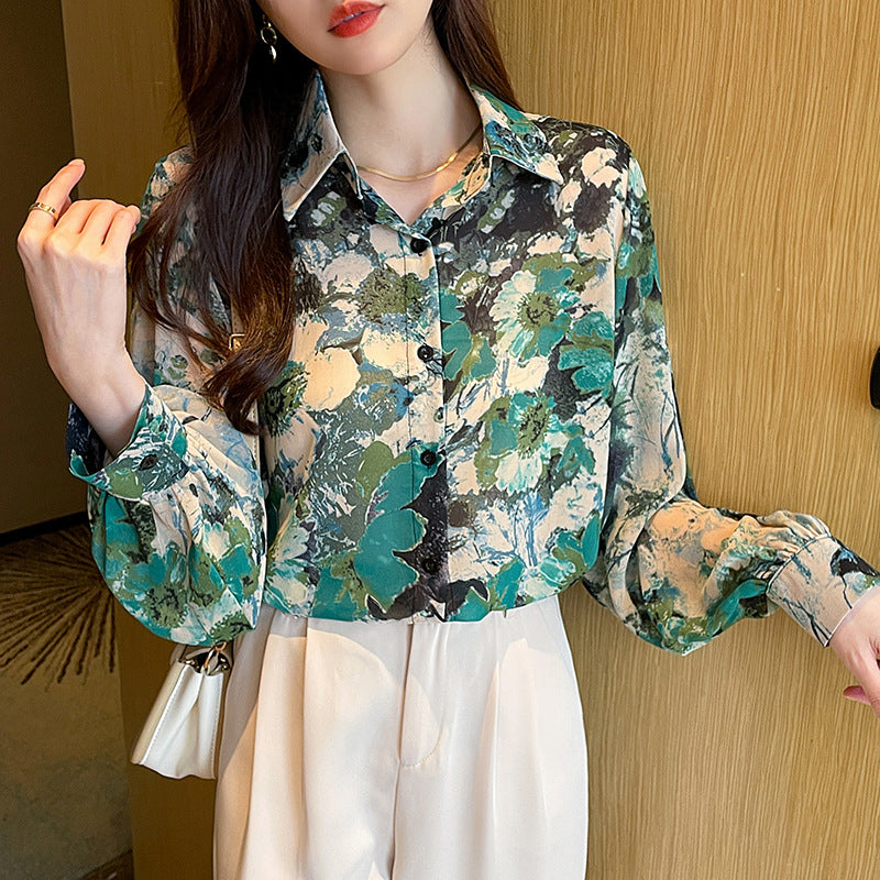 Green Turquoise Floral Print Flowers Vintage Style Satin Soft Silky Shirt