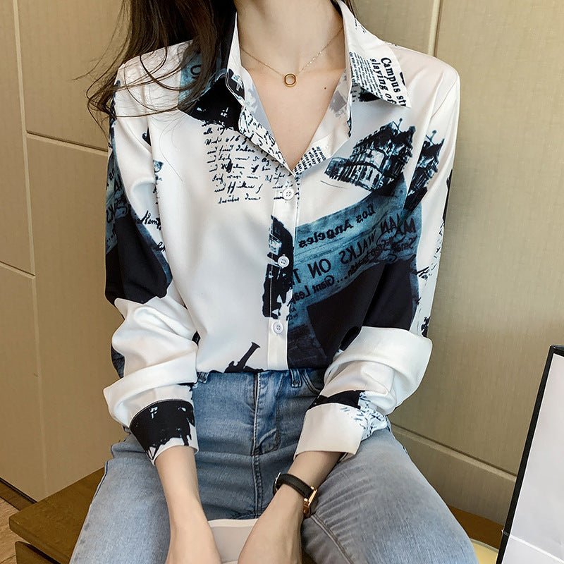 Blue Newspaper Vintage Style Print Satin Shirt Soft Silky Shirt