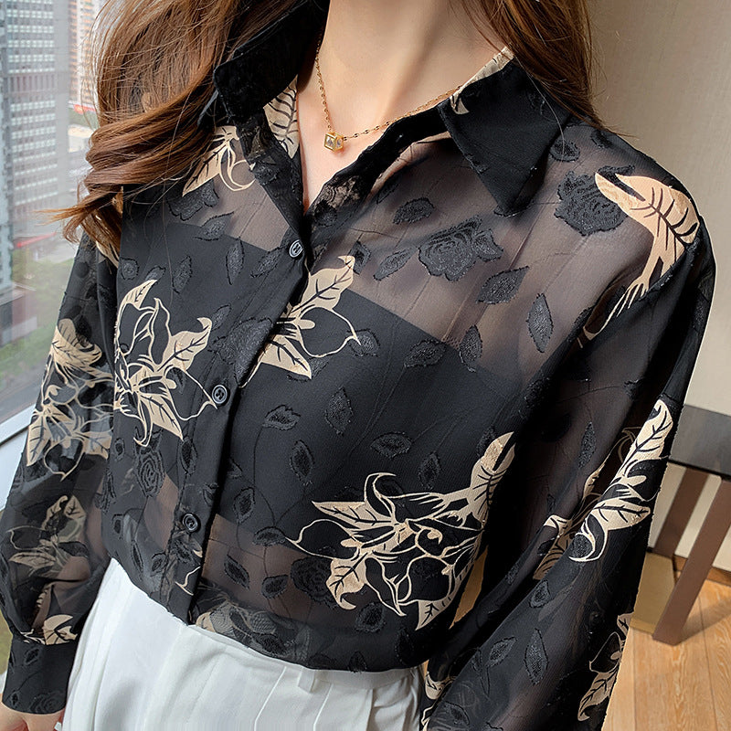 Floral Prints Gold Flowers Black Semi Transparent Vintage Style Satin Soft Silky Shirt