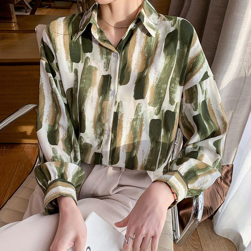 Green stripes Vintage Style Print Satin Shirt Soft Silky Shirt
