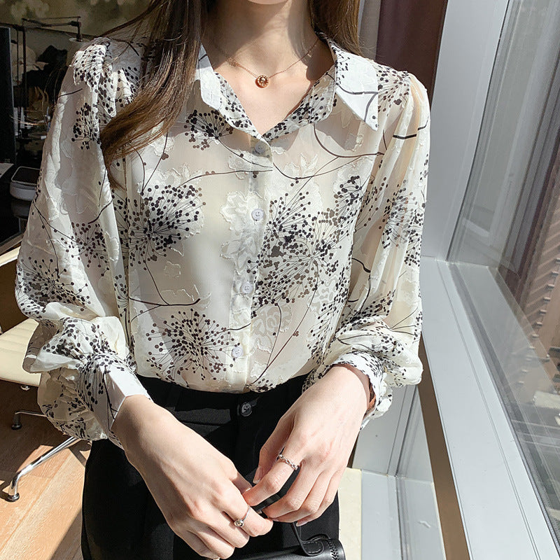 Cream Floral Print Flowers Vintage Style Semi Transparent Satin Soft Silky Shirt