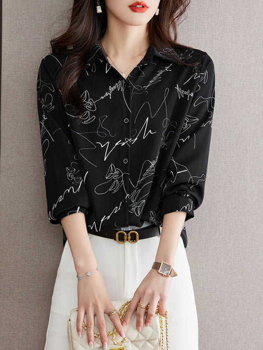 Black Graffiti Vintage Style Print Satin Shirt Soft Silky Shirt