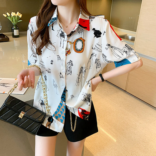 Short Sleeves Chic Cartoon Prints CHIFFON Shirt BLOUSE Soft