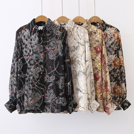 Cream Black Floral Print Flowers Vintage Style Semi Transparent Satin Soft Silky Shirt