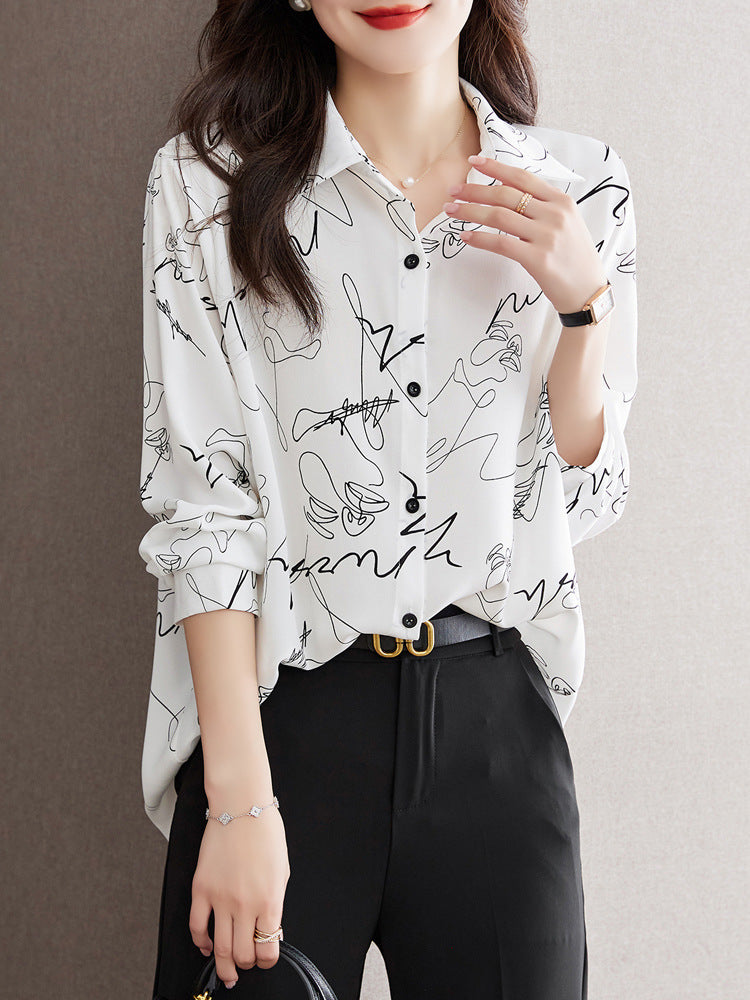 Black Graffiti Vintage Style Print Satin Shirt Soft Silky Shirt