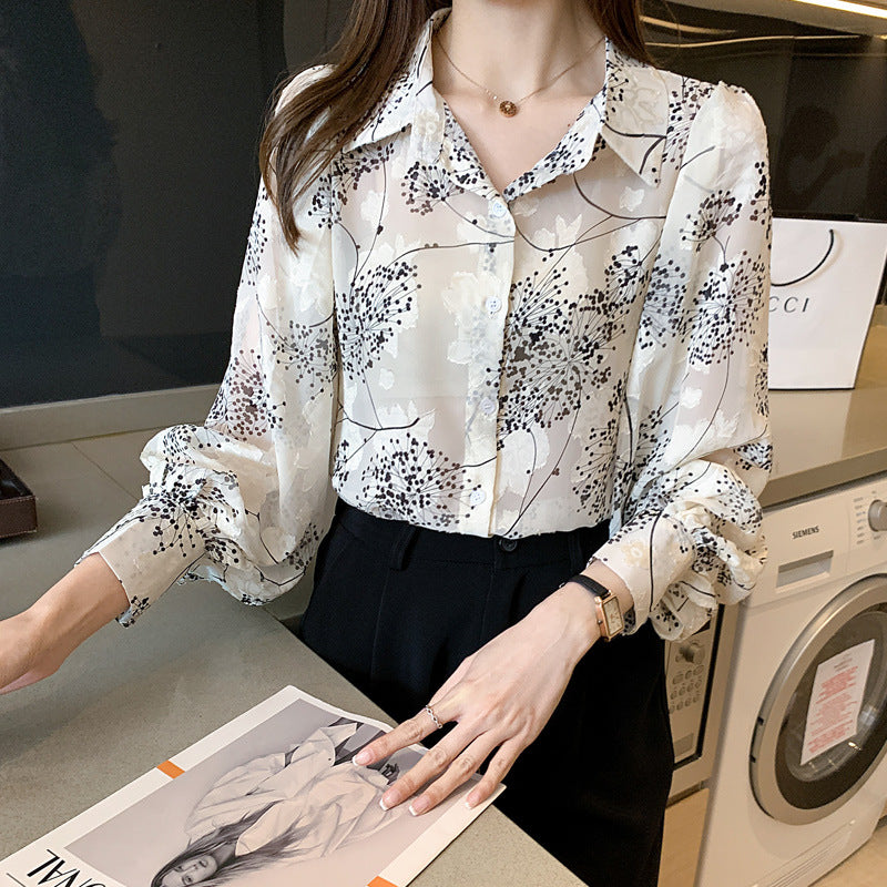 Cream Floral Print Flowers Vintage Style Semi Transparent Satin Soft Silky Shirt