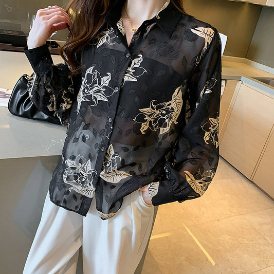 Floral Prints Gold Flowers Black Semi Transparent Vintage Style Satin Soft Silky Shirt