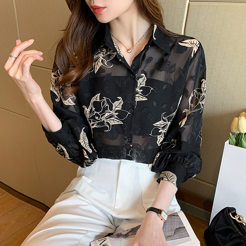 Floral Prints Gold Flowers Black Semi Transparent Vintage Style Satin Soft Silky Shirt