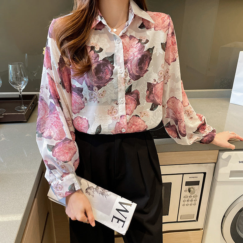 Pink Flowers Floral Print Vintage Style Satin Soft Silky Shirt