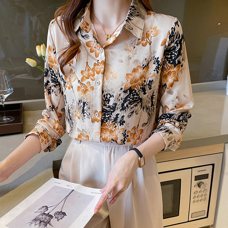 Floral Prints Flowers Vintage Style Satin Soft Silky Shirt