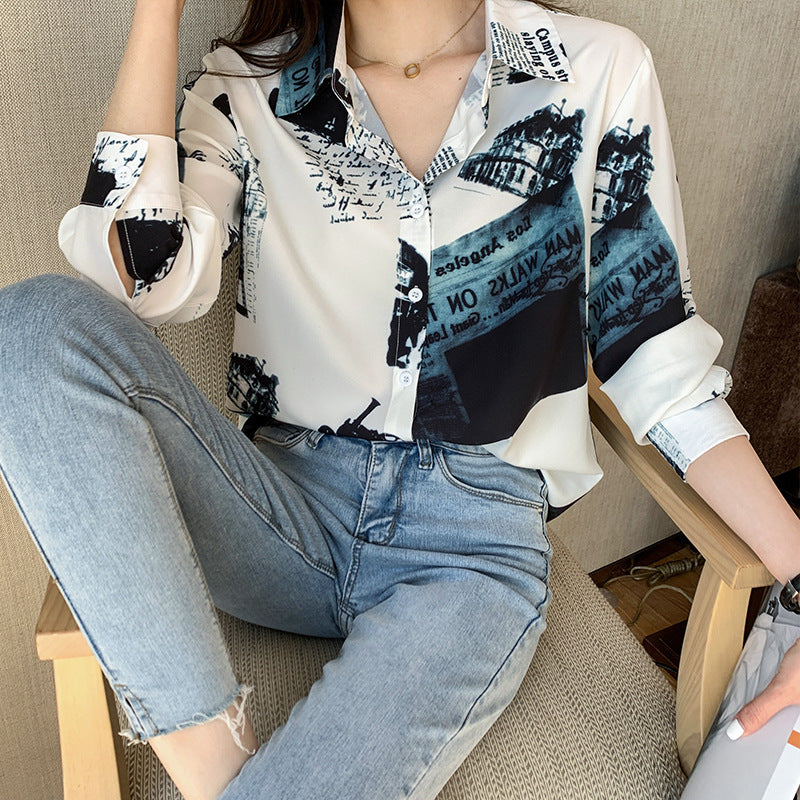 Blue Newspaper Vintage Style Print Satin Shirt Soft Silky Shirt