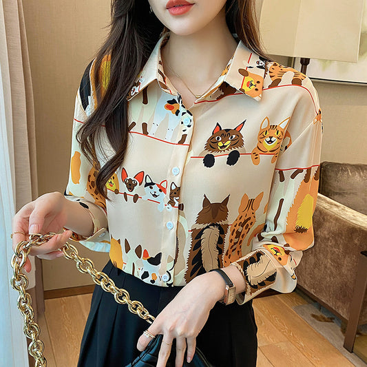 Funky Cats Dogs Orange Vintage Style Satin Soft Silky Shirt