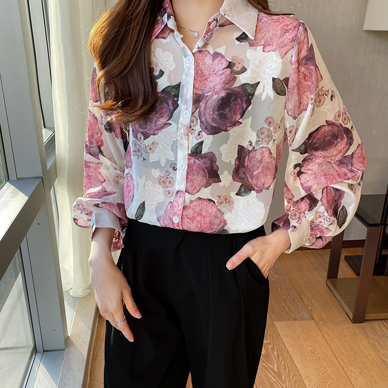 Pink Flowers Floral Print Vintage Style Satin Soft Silky Shirt