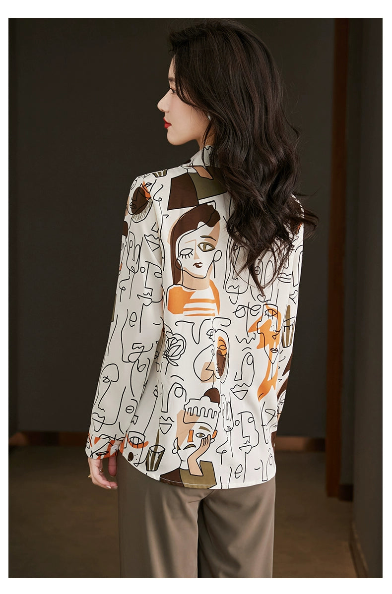 Silky Chiffon Abstract Faces Cartoon Print Satin Shirt Soft Silky Blouse