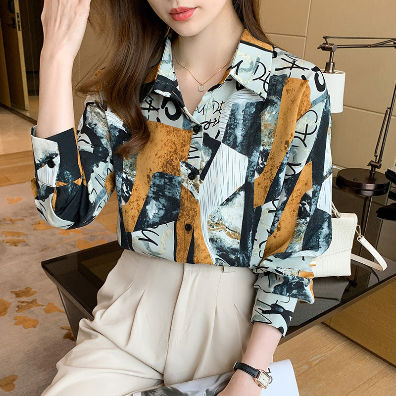 Geometric Letters Print Satin Shirt Soft Silky Blouse