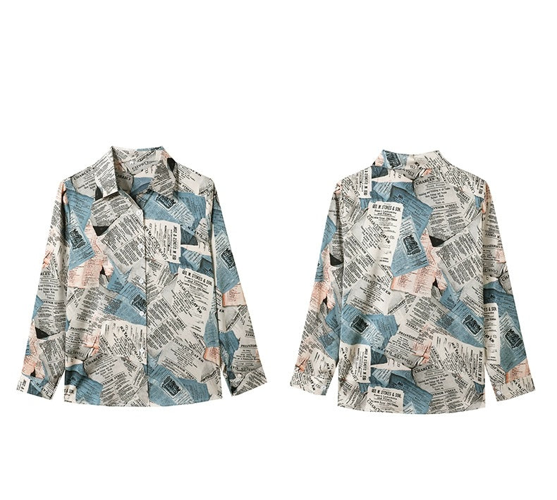 Silky Soft Newspaper print Chiffon Satin Shirt Soft Blouse