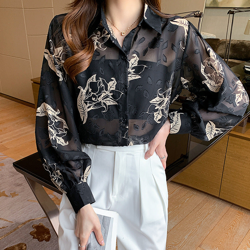 Floral Prints Gold Flowers Black Semi Transparent Vintage Style Satin Soft Silky Shirt