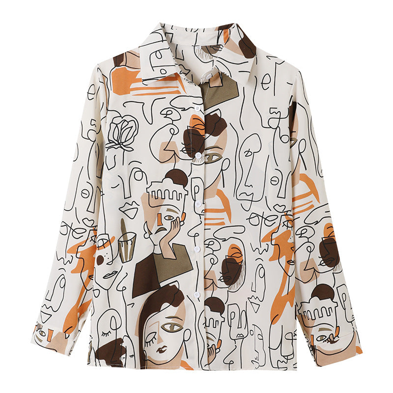 Silky Chiffon Abstract Faces Cartoon Print Satin Shirt Soft Silky Blouse