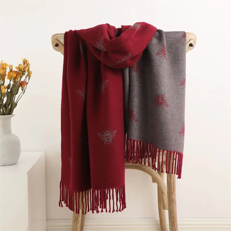 Reversible Scarf Busy Bees Soft Touch Viscose 2 Tones Contrast Colors Shawls