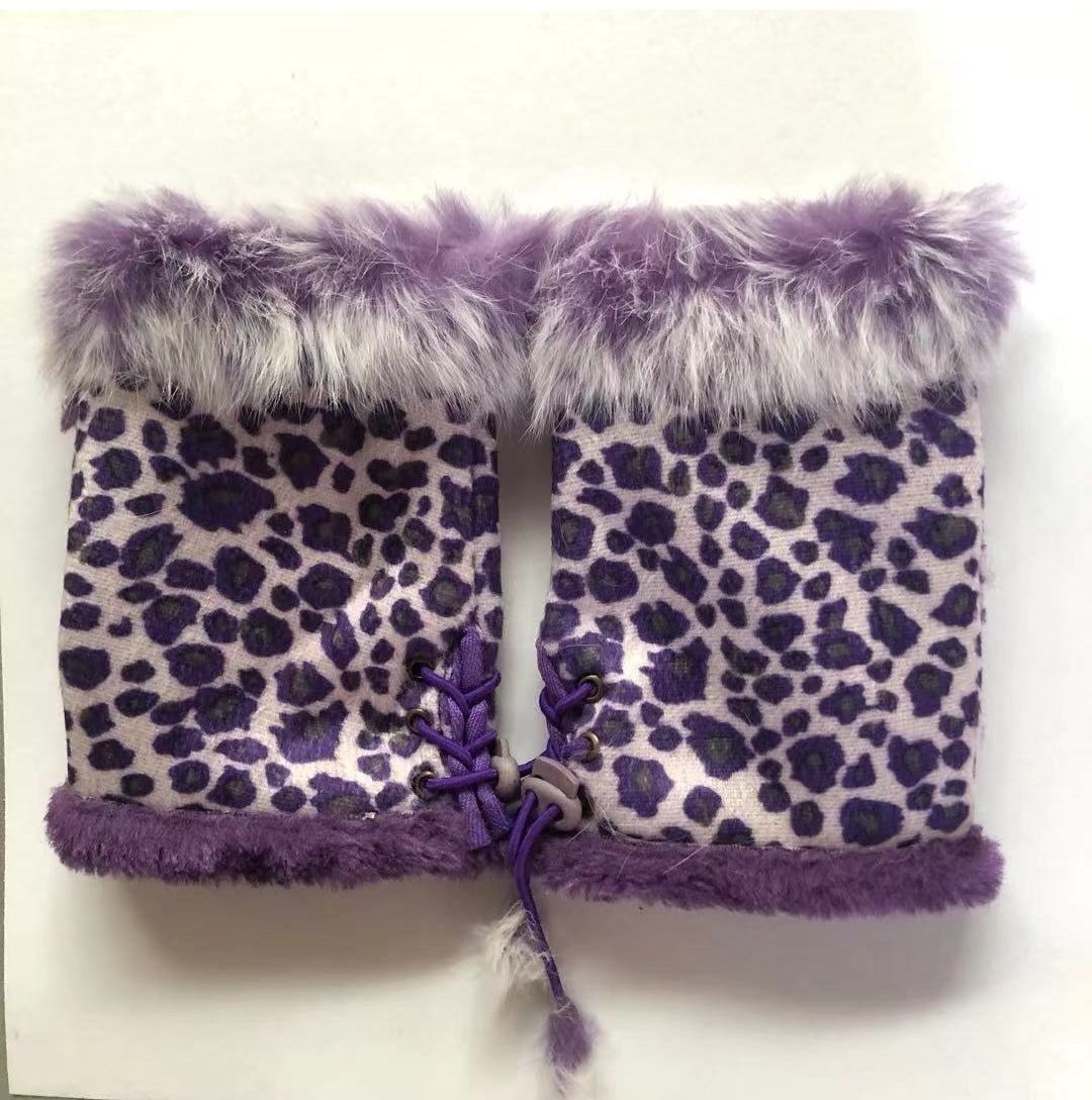 Leopard Women Winter Fingerless Suede Fur Gloves Mittens Soft Warm Fleece Lined UK