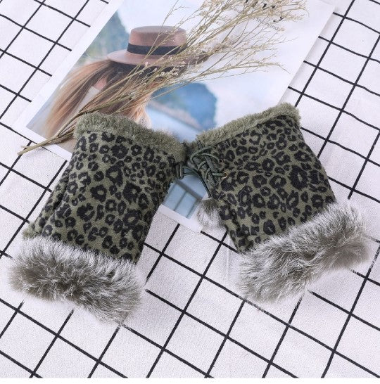 Women Winter Fingerless Suede Fur Gloves Mittens Soft Warm Fleece Lined UK