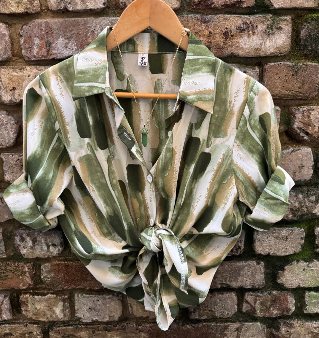 Green stripes Vintage Style Print Satin Shirt Soft Silky Shirt