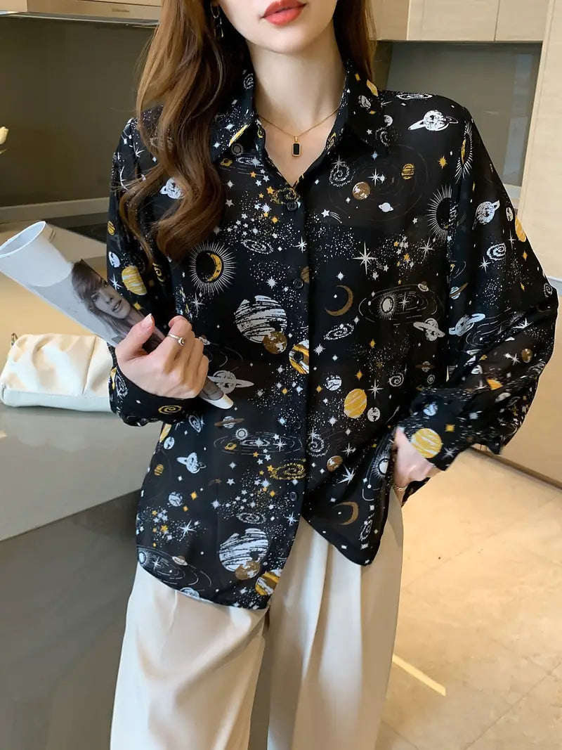 Black Space Galaxy Semi Transparent Vintage Style Satin Soft Silky Shirt