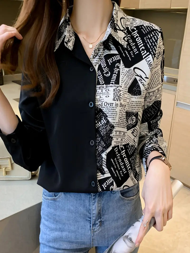 Black White Newspaper Joint Vintage Style Satin Soft Silky Shirt