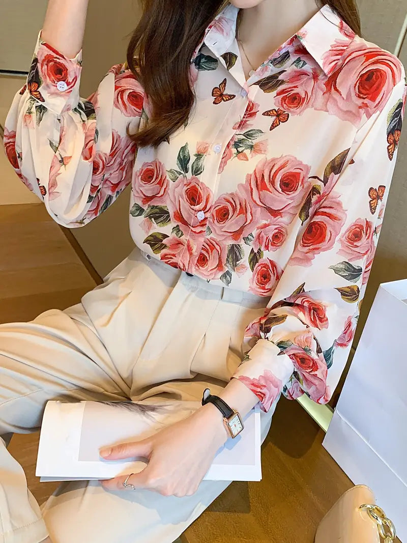 Roses Semi Transparent Vintage Style Satin Soft Silky Shirt