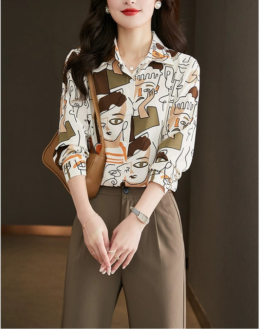 Silky Chiffon Abstract Faces Cartoon Print Satin Shirt Soft Silky Blouse