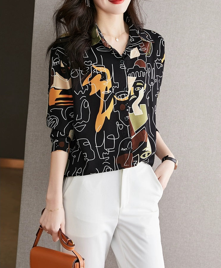 Silky Chiffon Abstract Faces Cartoon Print Satin Shirt Soft Silky Blouse