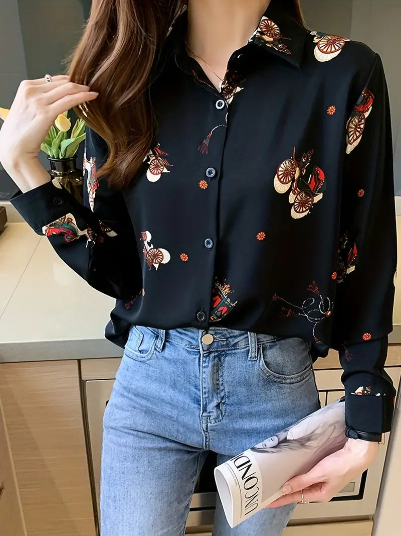 Black Carriage Vintage Style Print Satin Shirt Soft Silky Shirt