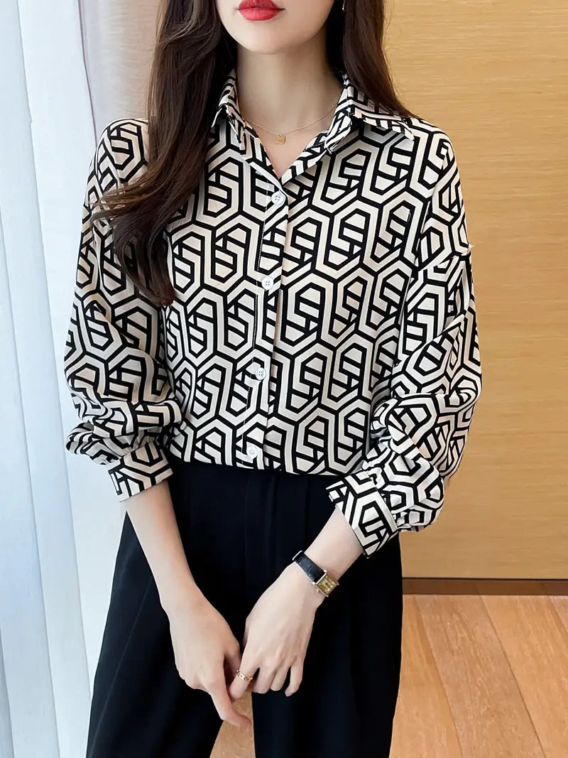 Geometric Black White Vintage Style Satin Soft Silky Shirt