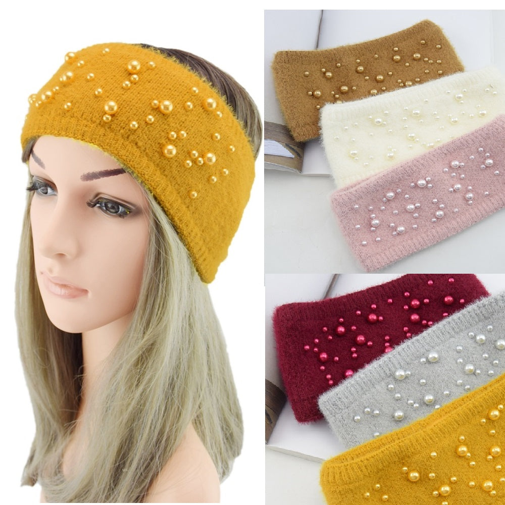 Pearl Fleece Lined Knitted Braids Wide Headband Head Wrap Elastic Wool Ear Hairband Turban